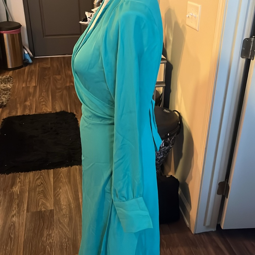 ASOS Green Wrap Tie Front Gown with Bishop Sleeves - Picture 4 of 9